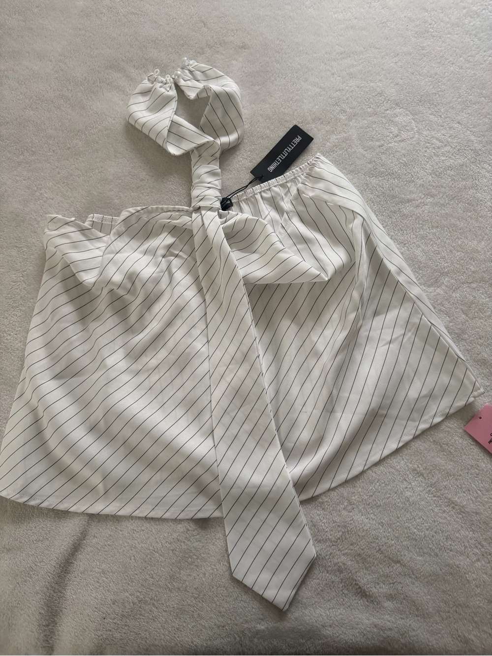 PrettyLittleThing White Pinstripe Tie-Front Halter Top